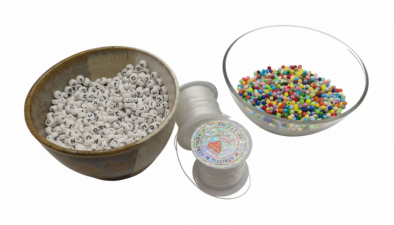 Two rolls of elastic, and a bowl of colored plastic beads, and a bowl of Hebrew letter beads.