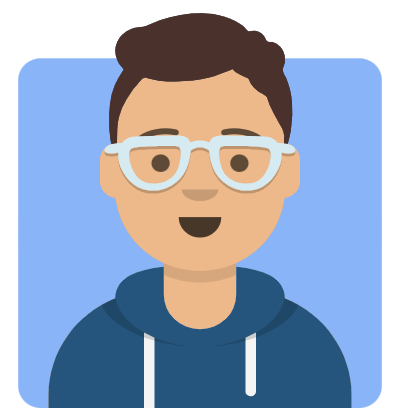 Cartoon avatar face of a woman with short hair, glasses, and a blue hoodie, on a light blue square background.