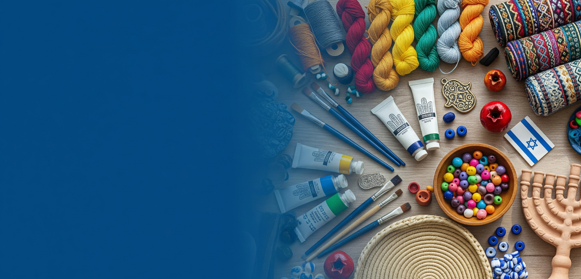 Craft supplies with an Israeli themed. A fade to blue gradient goes towards the left side.