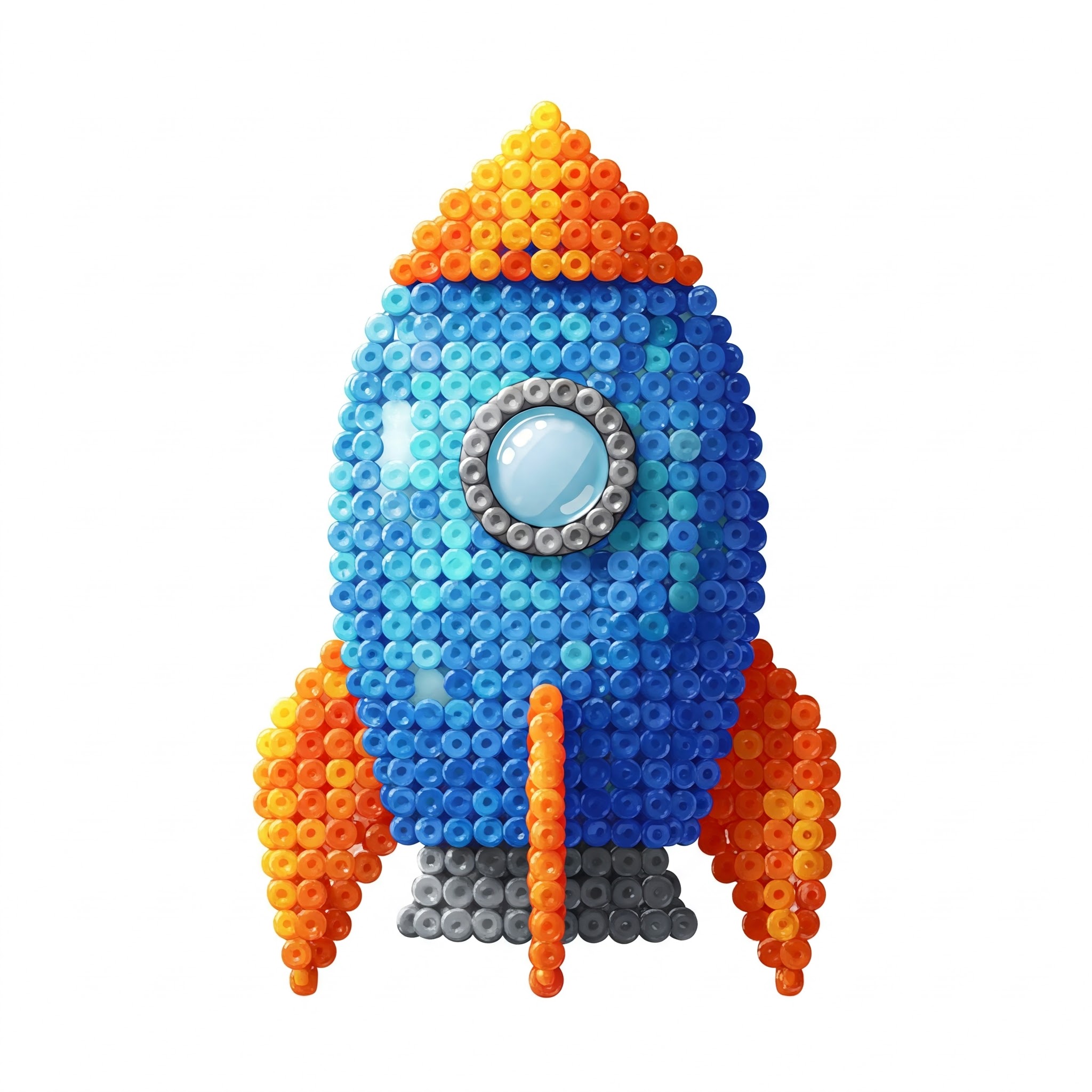 A cartoonish rocketship made out of plastic beads.