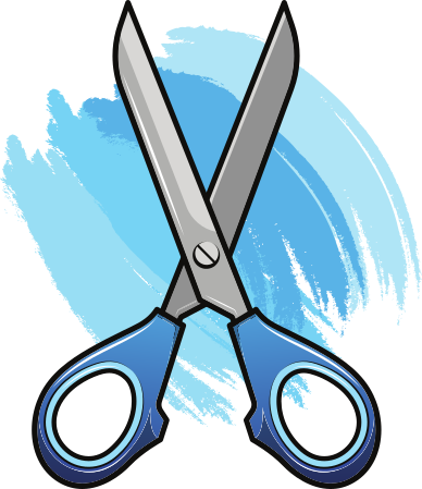 A cartoon pair of scissors with blue handles, on a background of various blue splashes of paint.