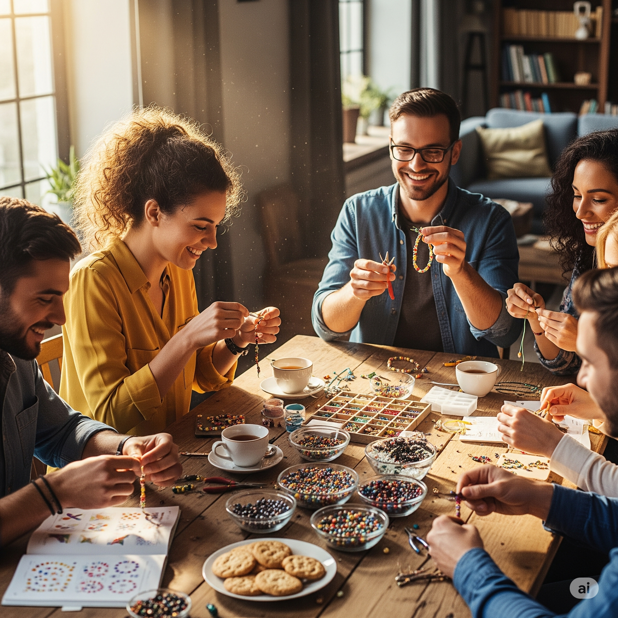 Several friends sitting around a table, creating beaded jewelry. Snacks and beads are on the table.
