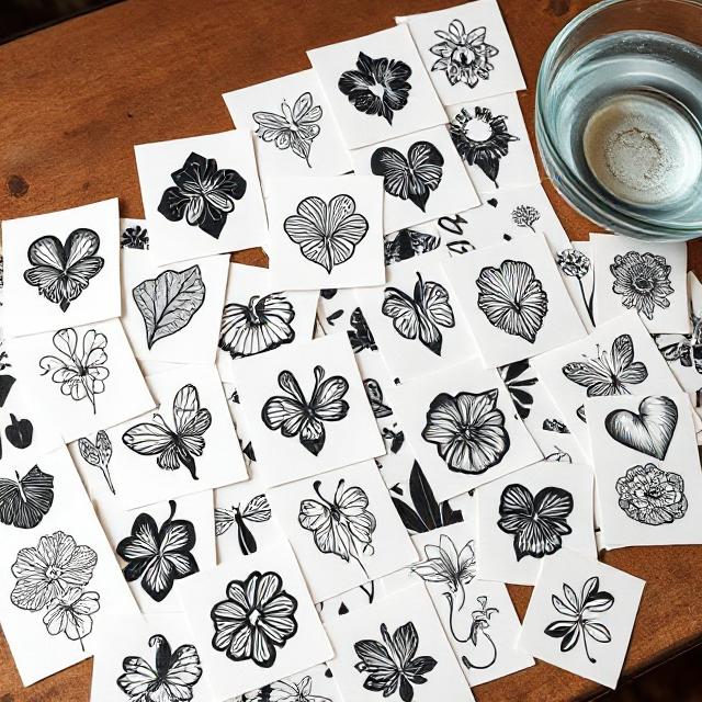 Temporary tattoos in black and white, on a table.