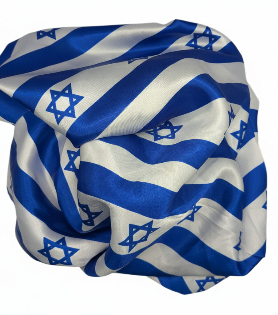 Polyester striped Israeli flag fabric, crinkled up.