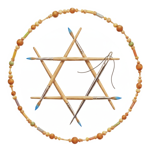 A Jewish star made of paintbrushes and a sewing needle, surrounded by a string of wooden beads.