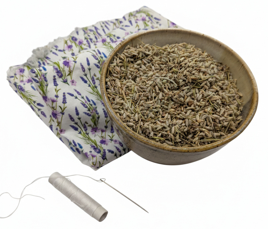 Lavender, fabric, needle, and thread.