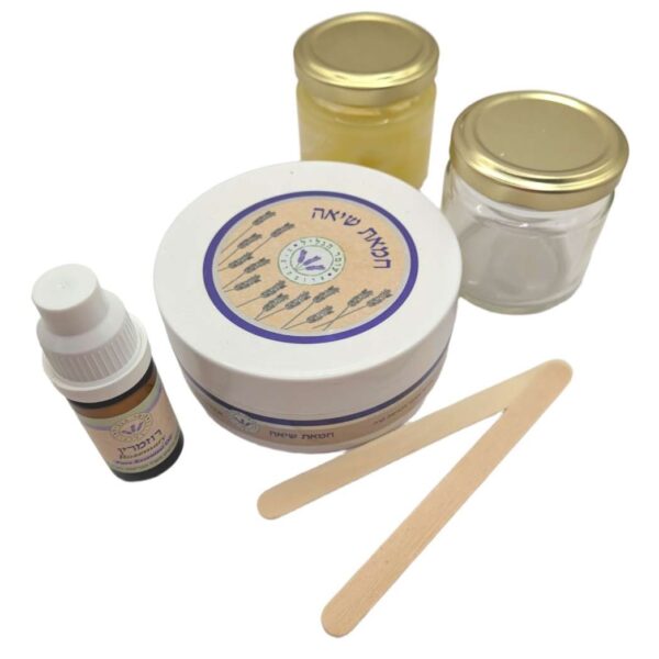Kit of rosemary essential oil, shia butter, two glass jars, and two popsicle sticks.